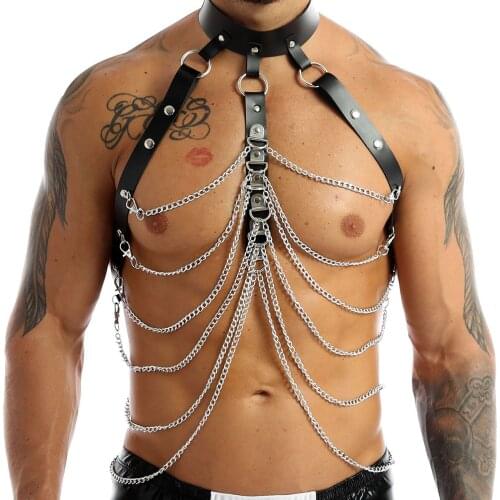 Mens Fashion Night Parties Clubwear Punk Gothic Body Shoulder Chest Belt Buckle PU Leather Harness Gay Male Metal Chain Halter
