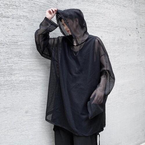 Men summer white black hollow out mesh oversized hoodie sun-protective clothing man punk hip hop sweatshirt sudaderas
