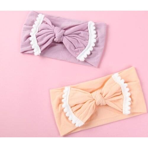12pcs/lot Soft Nylon Bow Headband with White Pompom Trim Top Knot Bow Head Wraps Infant Hair Accessory