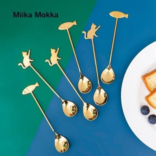 Stainless Steel Cat and Fish Spoon Fork Cake Coffee Dessert Tea Ice Cream Stirring Spoons Candy Cute Cartoon Teaspoon