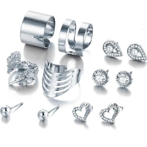 New 8 Pcs/ Set Gold Crystal Heart Earrings for Women Feather Water Drop Leaf Rings Engagement Jewelry Sets Gift