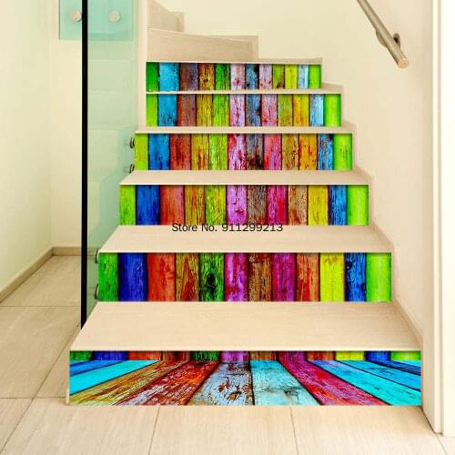 Rainbow Colorful Wood Stair 3D Staircase Stickers Escaliers Decal Vintage Wooden Grain Adhesive Dormitory Room Decor Stairs Step