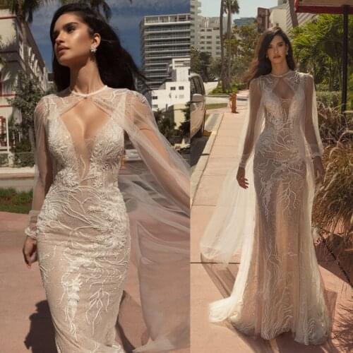 Sexy 2020 Mermaid Wedding Dress With Cape Lace Appliqued Beads Wedding Dresses Reception Plus Size See Through Bridal Gowns