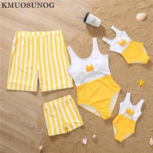 Family Matching Swimsuit Striped Bow One piece swimming suit For Mom and Daughter 2021 Dad Son Swim Shorts Mommy and me Swimwear
