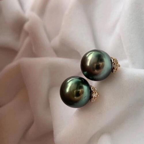 D506 Pearl Earrings Fine Jewelry Solid 18K Gold Round 8-9mm Nature Fresh Water Peacock Green Black Pearls Stud Earrings