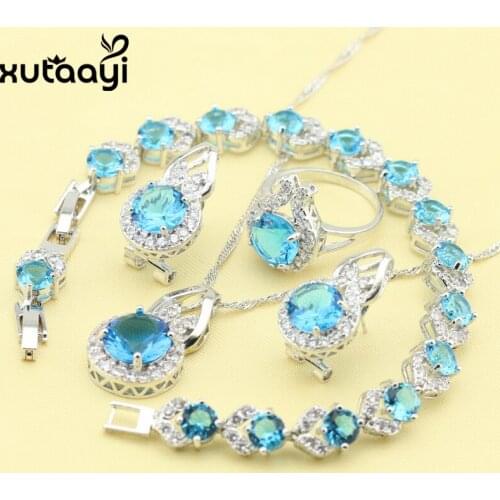 Blue Cubic Zirconia New Fashion Sterling Silver colorcolor Overlay Jewelry Sets For Women Classy Necklace Rings Earring Bracelet