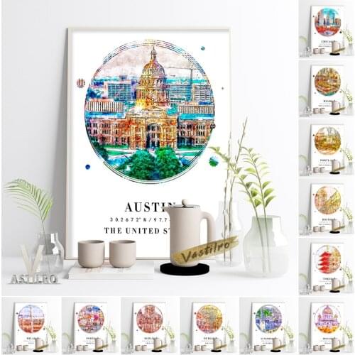 Modern Landscape Watercolor Poster Chicago Austin Portland Boston Tokyo Milan Porto Dublin Luxembourg Moscow Zurich Wall Decor