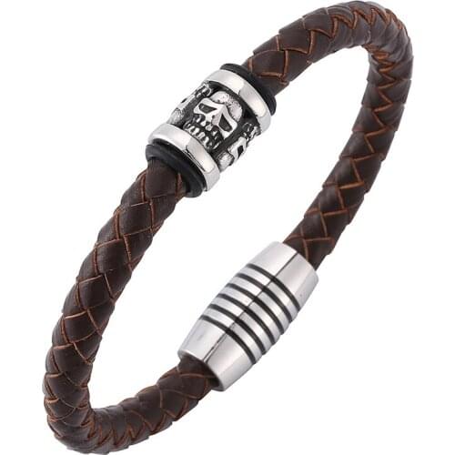 Vintage Jewelry Men Charms Skull Bracelets Brown Braided Leather Bracelet Stainless Steel Magnetic Clasps Male Wrist Band SP0196