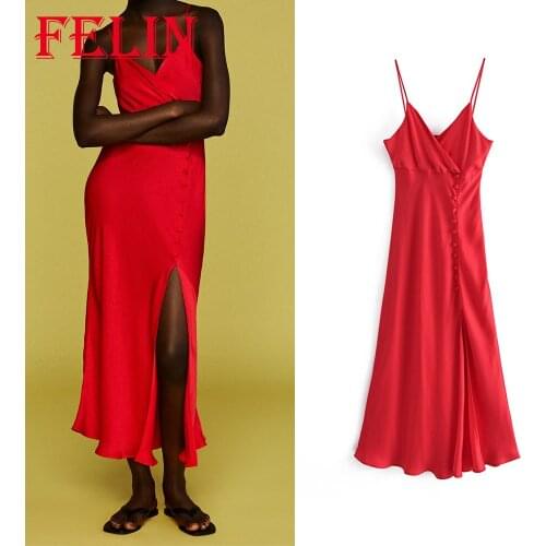Za Chic Red Stain Dress Women Sexy Front Split Button Cami Long Party Dress Female Summer Evening Strapless Sundress Vestidos