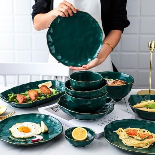 Green Porcelain Dishes Dinner Plates Ceramic Cake Food Plate Fruit Salad Bowl Luxury Golden Rim Tableware for Restaurant Hotel