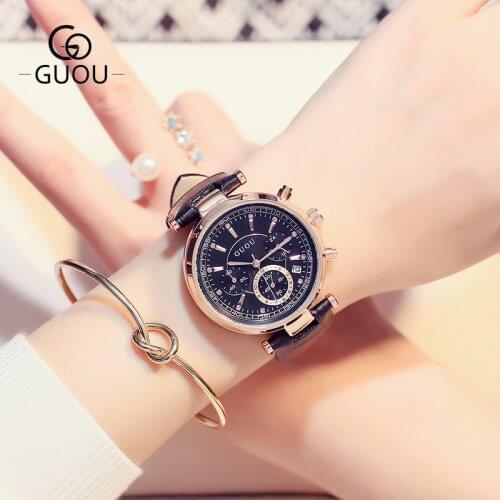 2019 Women Fashion Euro-American Three-Eye Multifunctional Quartz Watches Metal Calendar leather watchband female Watches G8080