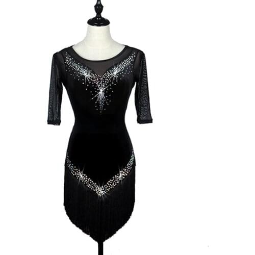 Women Black Fringed Latin Dance Dress Shining Rhinestone Ballroom Swing Dance Tango Rumba Samba Dance Dress For Dance Selling