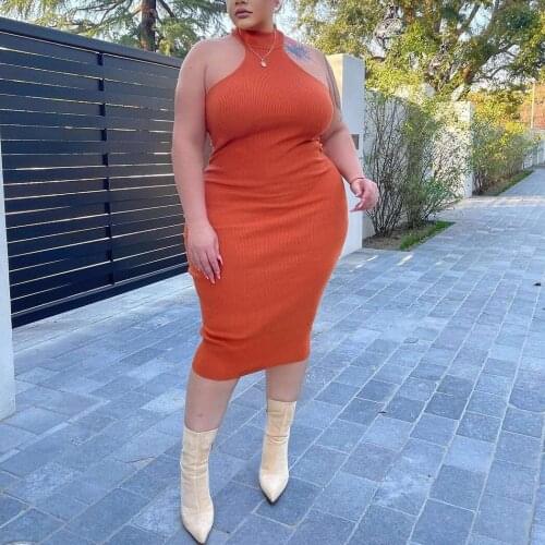 Sexy Dresses Party Night Club Dress 2021 Summer New Orange Halter Sleeveless Bodycon Elegant Fashion Dress Midi Vestidos Mujer