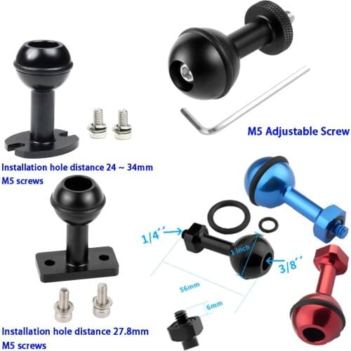 1 inch Ball Head Adapter 1/4" M5 Adjustable Screw Fixed Mount for GoPro SJCAM Action Camera Underwater Diving Bracket Tray Clamp