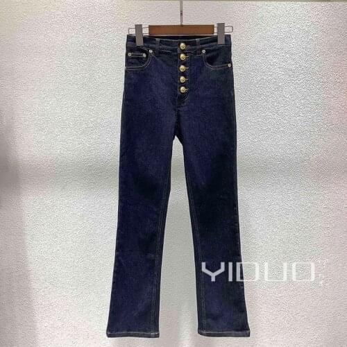 Brand Fashion Women Luxury Ladies Autumn High Waist Dark Stretch Straight Slim Jeans