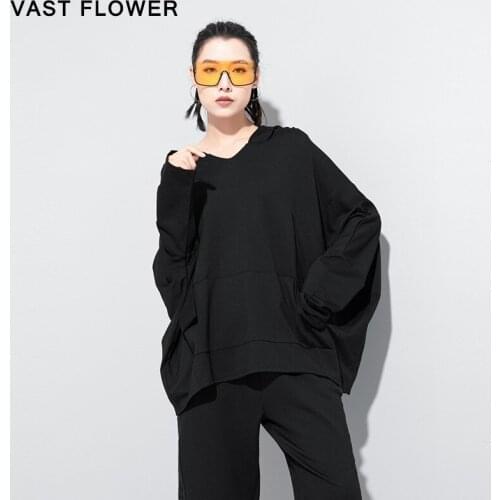 Black Oversized Sweatshirt Women Hoodie Big Pocket Patchwork Loose Fashion Batwing Sleeve Pullover Clothes Spring Autumn 2021