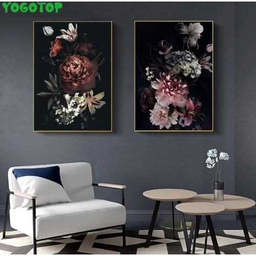 Peony Flower Wall Art Diy Diamond painting cross-stitch black background 5D Full mosaic diamond embroidery Home Decor YY5056