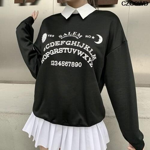 Za Oversized Black Brown Hoodies Streetwear Chic Letter Gothic Grunge Aesthetic Print Hoodies Autumn Long Sleeve Hoodies 2021