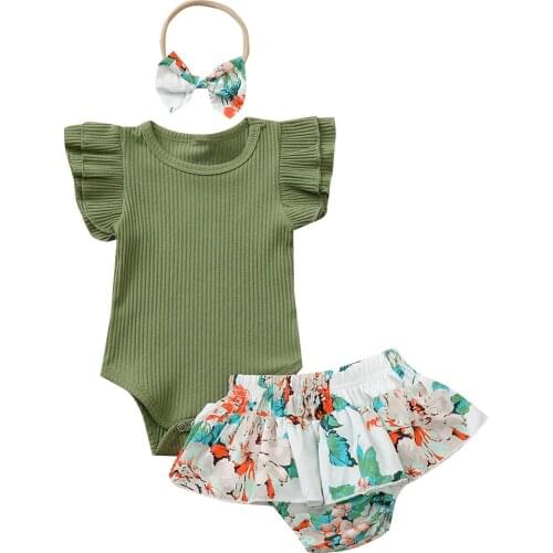 Summer Baby Girls Outfits Summer Clothes Solid Fly Sleeve Ribbed Bodysuit Top+Ruffles Flowers Shorts+Headband 3Pieces Set 0-24M
