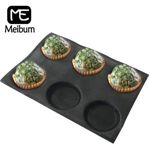Meibum 6 Cavity Hamburger Bun Puff Pan Non Stick Round Bread Bake Mold Black Porous Glass Fiber Silicone Mould Muffin Tray