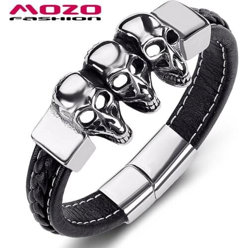 MOZO Fashion Jewelry Multiple Skull Back Weave Leather Bangles Stainless Steel Magnetic Male Punk Bracelets