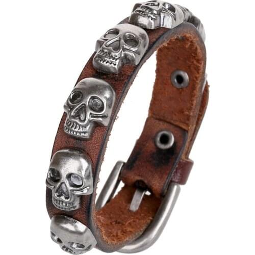 Boho Gypsy Hippie Hiphop Punk Brown Real Leather Adjustable Lock Seven Alloy Skull Charm Wrap Braiding Weave Unisex Bracelet Man