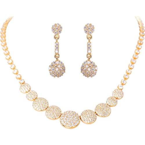 New Design Champagne Gold Color Round Austria AAA Crystal Luxury Romantic Jewelry Set for Women Necklace Earrings Sets GLN0128
