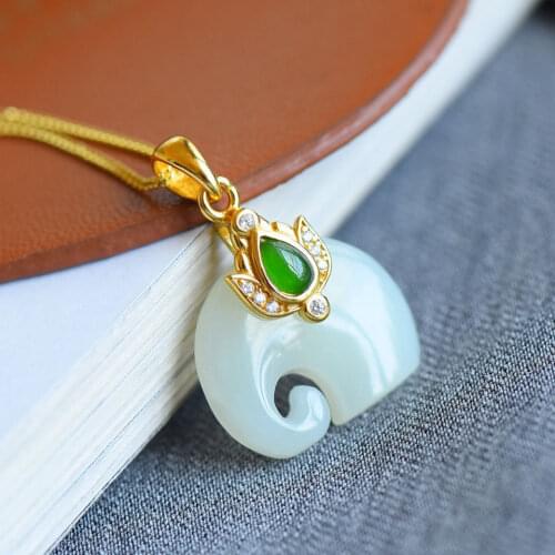 Auspicious Ruyi Hetian Jade Elephant Pendant Natural Jade Gifts for Moms Couple Necklace S925 Sterling Silver Necklace