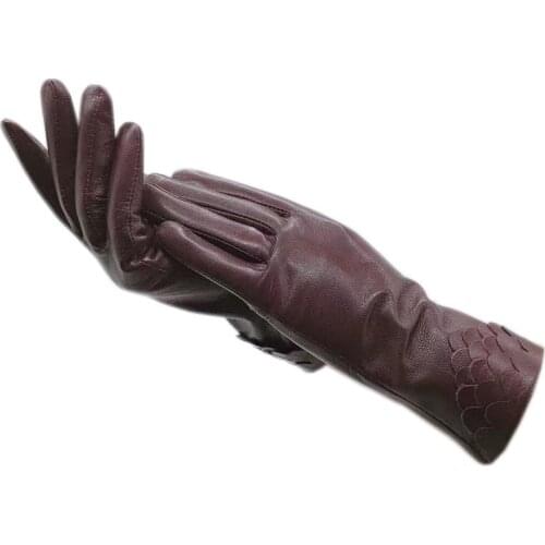 Goatskin gloves winter ladies fashion gloves new wrist sheepskin wine red driving sports outdoor warm leather thickened 2021-001