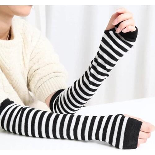 Fashion Women Lady Striped Elbow Gloves Warmer Knitted Long Fingerless Gloves Elbow Mittens Christmas Accessories Gift Gloves