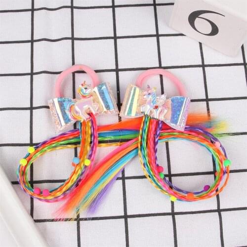XIMA 1PC Unicorn Hair Bows Children Wig Elastic Hair Bands Girls Braids Twisted Sweet Rainbow Rubber Band Hair Accessories