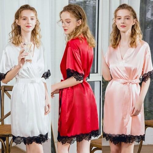 Sexy Nightdress Deep V Lace 2021Summer Women Lingerie Silk Satin Dress Pajamas Solid Color Nightwear Home Party Female Nightgown