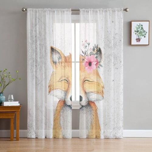 Lovely Fox Watercolor Flowers Animals Voile Tulle Sheer Curtains for Bedroom Living Room Kitchen Decor Chiffon Windows Curtain