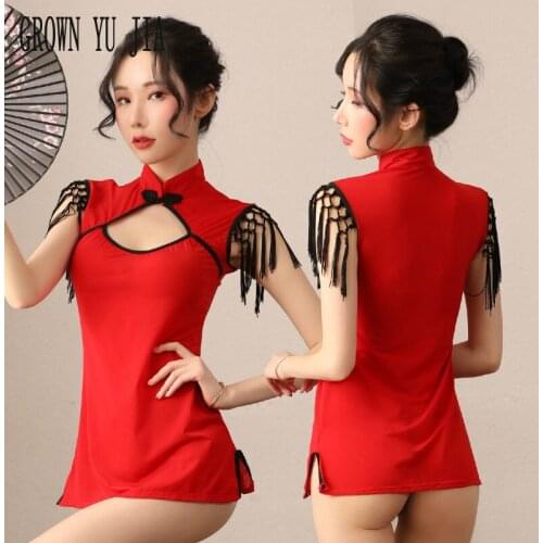 Sexy Maid Uniform Porno Play Servant Sex Red Cheongsam Dress Thongs Set Erotic Cosplay Costume Qipao Skirt Girl Naughty Lingerie