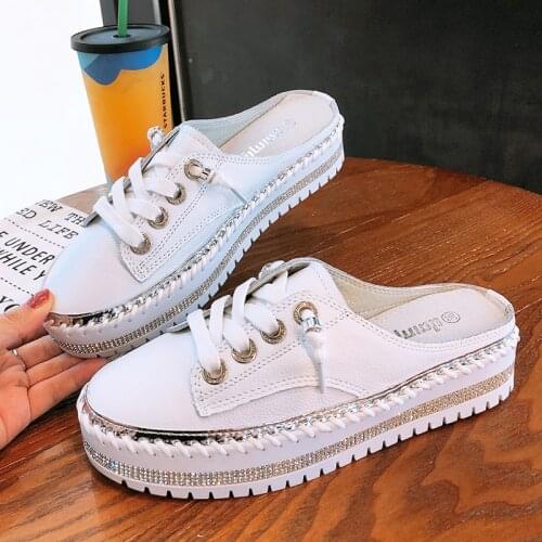 Leather Summer Half Slippers Wild Casual Shoes Thick-Soled Lazy Shoes Classics Sandals Rhinestone Baotou Flat Heel With Female
