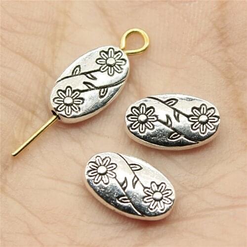 Tristana 40pcs 10x6x3mm Flower Charms Beads Antique Silver Color Oval Flower Charms Beads Flower Oval Small Hole Spacers Beads
