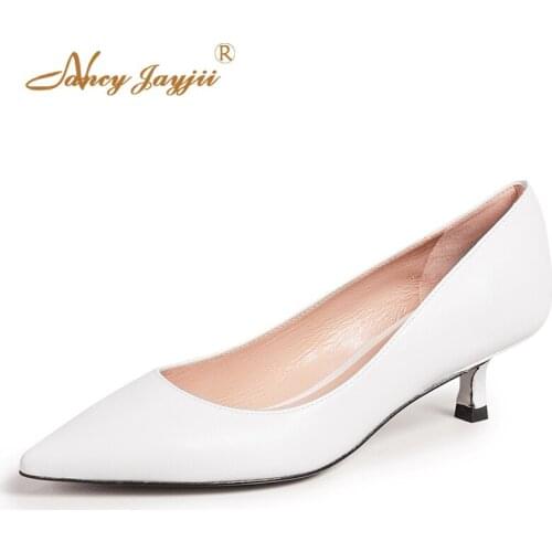 Women Pumps White Low Med Heels Thin Lady Shoes Female Shallow Hoof 2021 Autumn Dress Fashion Classic Plus Size 45 38 39 Slip-on