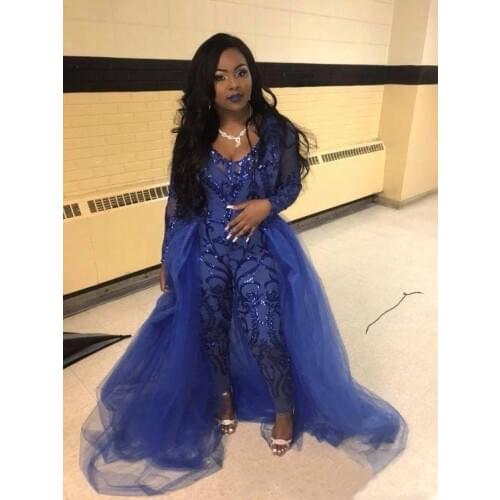 Evening Gowns Jumpsuits Long Sleeves Prom Dresses Detachable Train Lace Applique Luxury African Party Womens Pant Suits