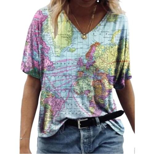3XL Oversized Summer Ladies Tops Loose Plus Size Casual T Shirt Women Short Sleeve V-Neck 3D Map Print Top 2021 New Fashion Tee