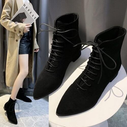 Chunky heels ankle boots slim black scrub flock pointed toe lace-up riding booties 2020 new designer women solid chelsea botines