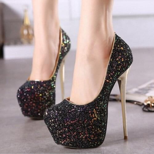 2020 New Platform Ultra High Heels Woman Shoes Sexy Bling Pumps Party Dress Shoes Black Pink Blue Size 34-45