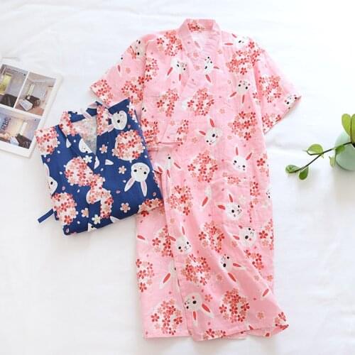 Fresh Floral 100% cotton kimono robes women Summer Japanese sweet long sleeve women robes sexy cute Cartoon bathrobes