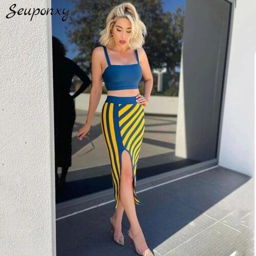 High Quality 2021 Summer WomenS Bodycon Bandage 2 Two-Piece Set Sexy Blue Short Top + Striped Split Pencil Skirt Party Set