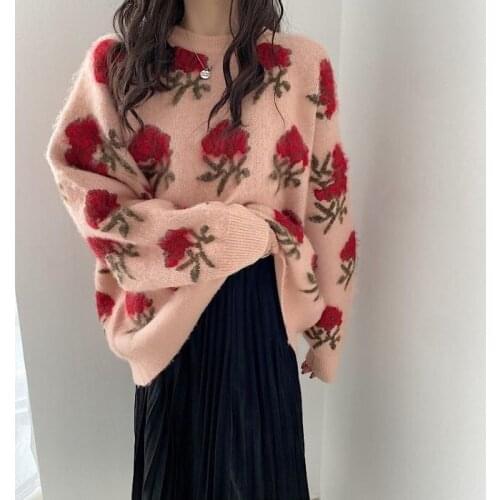 Vintage Autumn Winter Sweet Floral Sweater For Women Elegant O Neck Loose Pullover Knitting Top Ladies Casual Harajuku Jumpers