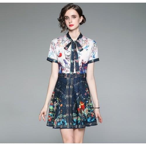 Fashion Summer Runway Short Dress Women Vintage Flower Print Lace-Up Bow Neck Short Sleeve Ruffles Slim Mini Vestido N58302