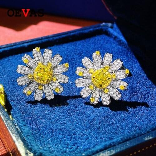 100% 925 Sterling Silver Sparkling Full High Carbon Diamond Topaz Flower Stud Earrings For Women Party Fine Jewelry Gifts