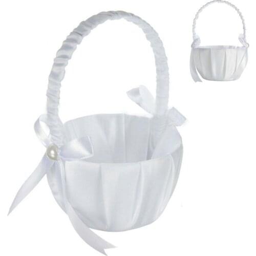50%HOTRomantic White Satin Bowknot Pearl Flower Girl Basket Wedding Party Decoration