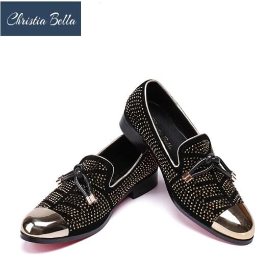 Christia Bella Gold Crystal Handmade Men Loafers Fashion Smoking Slippers Men Party Wedding Formal Dress Shoes Mens Flats