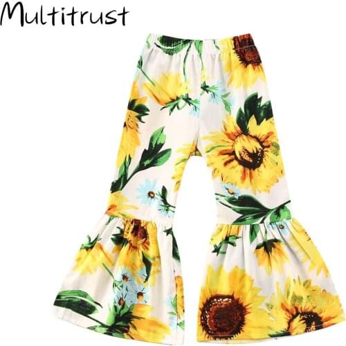 Children Kid Girls Pants Trousers Sunflower Print Bow Flare Long Pants Casual Trousers Clothes Bottoms Leggings Pants Trousers