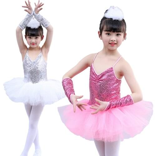 Kids Girls White Ballet Dress Sequins Swan Tutu Skirt Gym Dance Performance Costumes Pink Ballet Dress